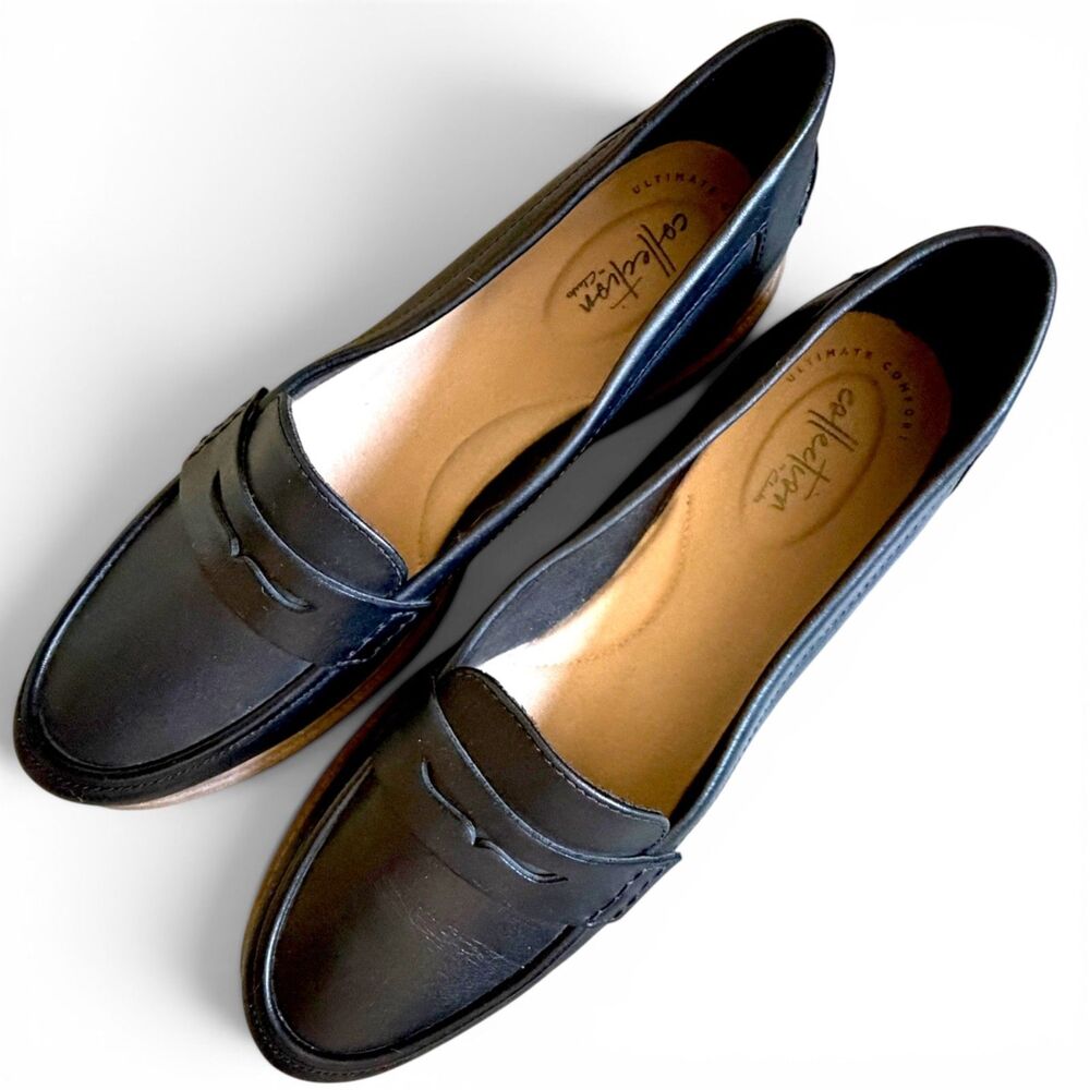 clarks somerset griffin milly leather vintage ivy black women's penny loafers 10 - Picture 2 of 7